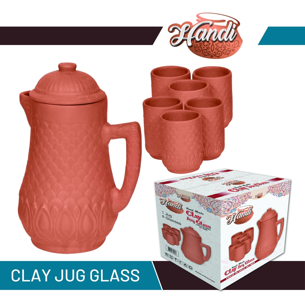 HANDI UT CLAY JUG GLASS SET 1 JUG 6 GLASSES