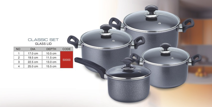 SONEX NON STICK CLASSIC SET WITH GLASS LID 4PCS