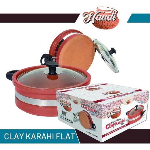 [UT-CLAY-KARAHIFGL-FH] HANDI UT CLAY KARAHI FLAT GLASS LID FIX HANDLE