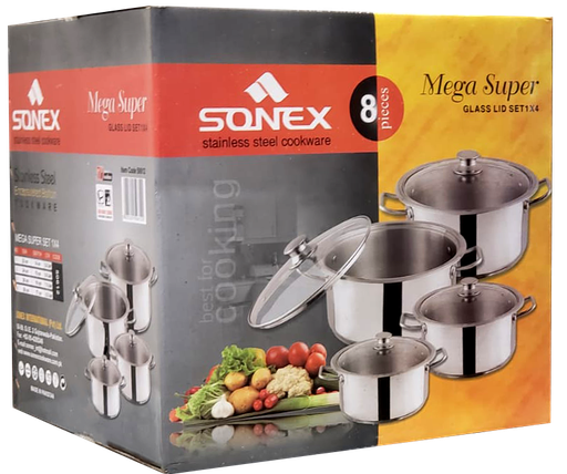 [SON-MEGASPR-GL1-4] SONEX MEGA SUPER GLASS LID STAINLESS STEEL SET 1-4